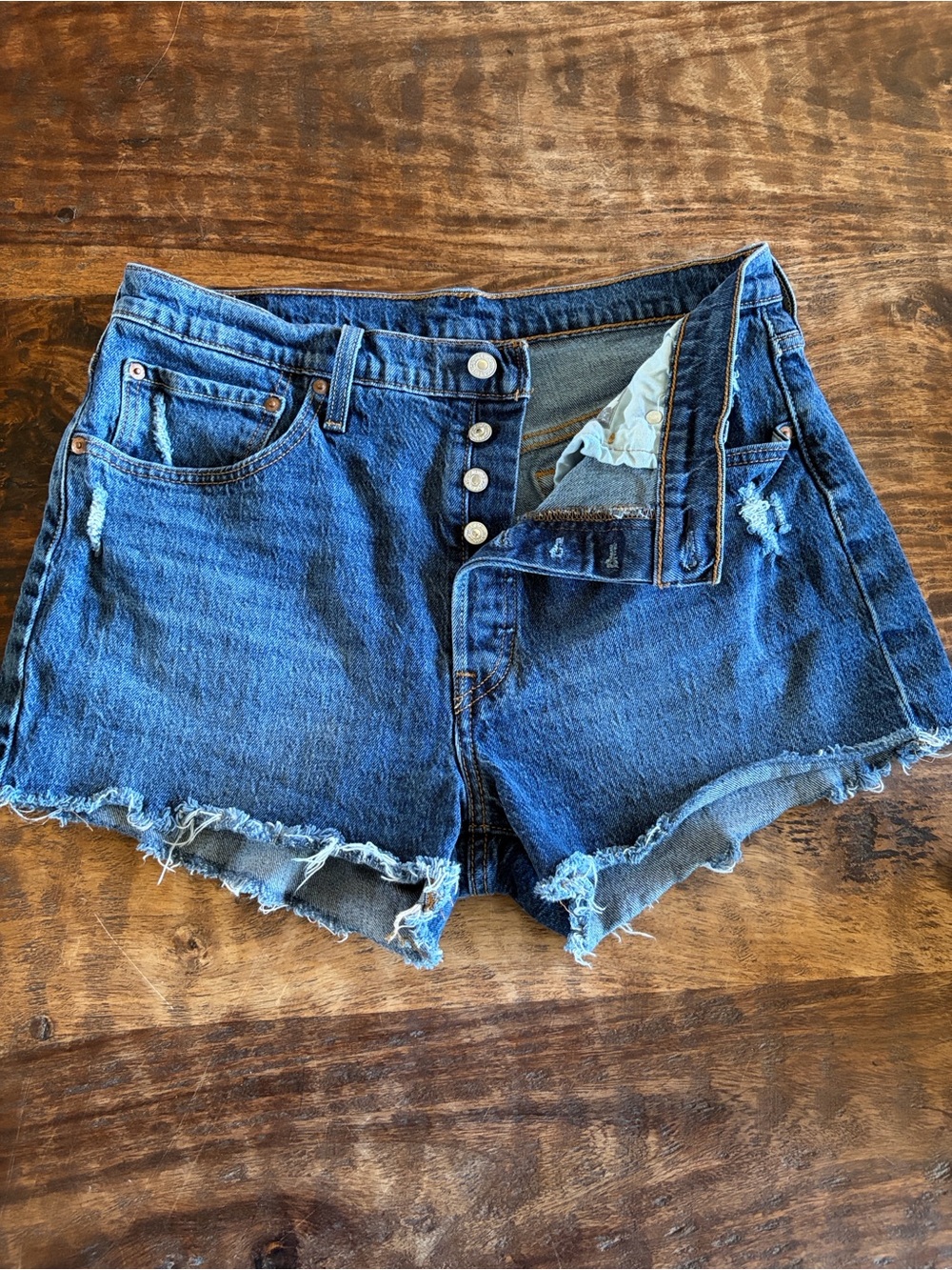 Levi's 501 Original High Rise Denim Shorts W32 Dark Indigo Distressed